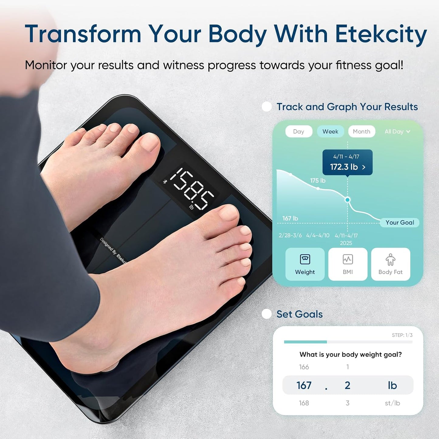 Etekcity Apex HR Smart Fitness Scale Wi-Fi Body Weight BMI Body Fat Muscle Mass Heart Rate TFT Display Tempered Glass 400 lb