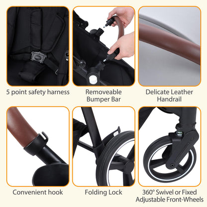 Dark grey tandem double stroller for newborn and toddler twins with reversible seats, adjustable canopy, 5-point harness, and large storage.