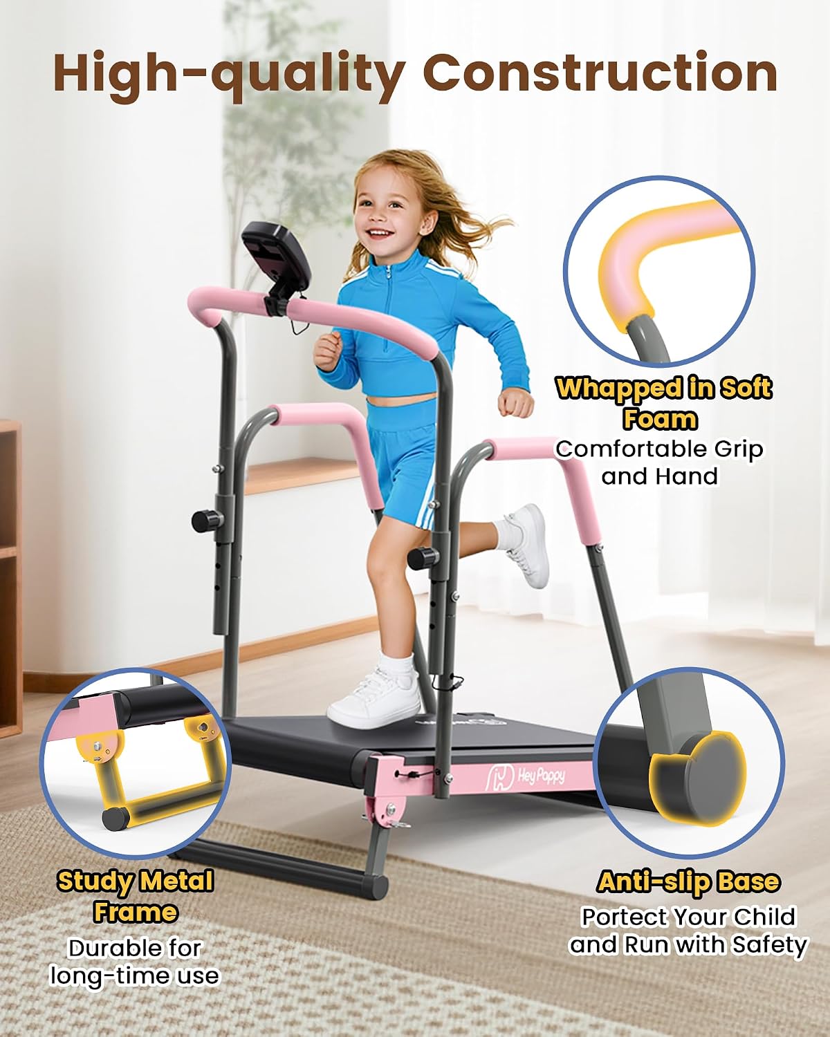 Heypappy Kids Manual Treadmill Adjustable Incline Handlebar Walking Pad 165 lb Capacity