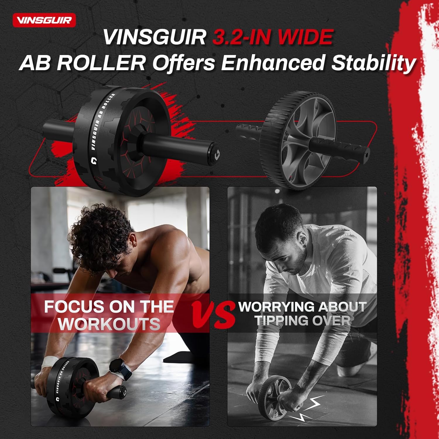 VINSGUIR Ab Roller Wheel Dual-Wide Core Strength Trainer with Knee Pad 440 lb Capacity