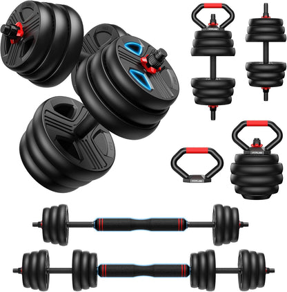 FITPLAM 5-in-1 Adjustable Dumbbell Set Barbell Kettlebell Push-Up Stand Weight Plates Home Gym 45 lb