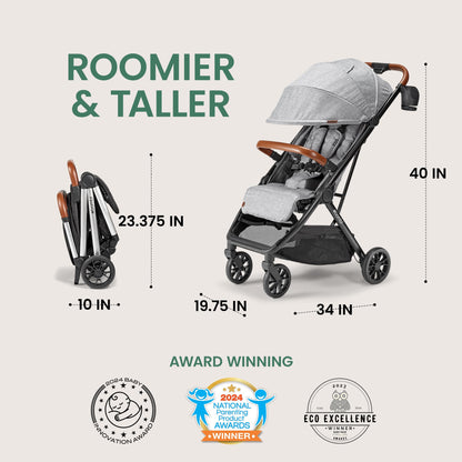 Lightweight Bombi Bēbee V2 baby stroller with vegan leather, one-hand fold, infinite recline, aircraft-grade aluminum frame, and XXL canopy