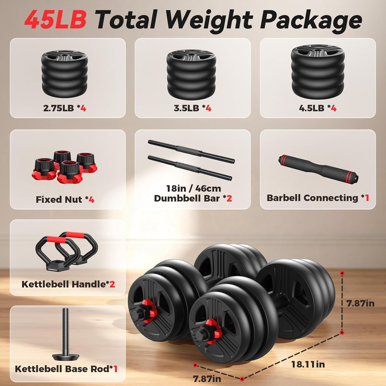 FITPLAM 5-in-1 Adjustable Dumbbell Set Barbell Kettlebell Push-Up Stand Weight Plates Home Gym 45 lb
