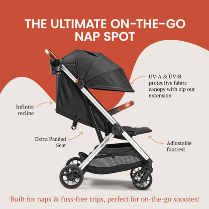 Lightweight Bombi Bēbee V2 baby stroller with vegan leather, one-hand fold, large canopy, aluminum frame, and ample storage.