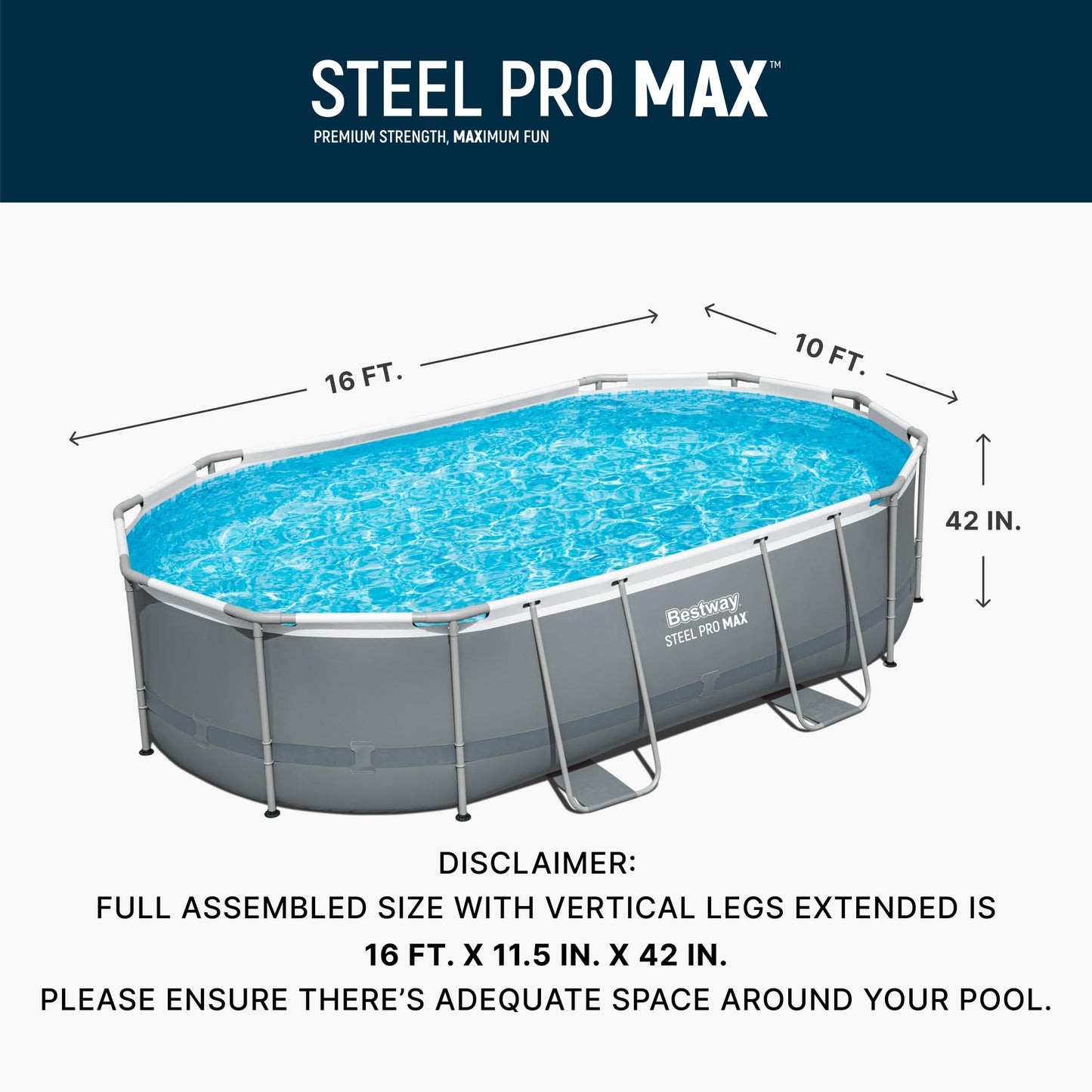 Steel Pro MAX 16' x 10' x 42" Above Ground Pool, Oval Metal Frame Outdoor Swimming Pool
