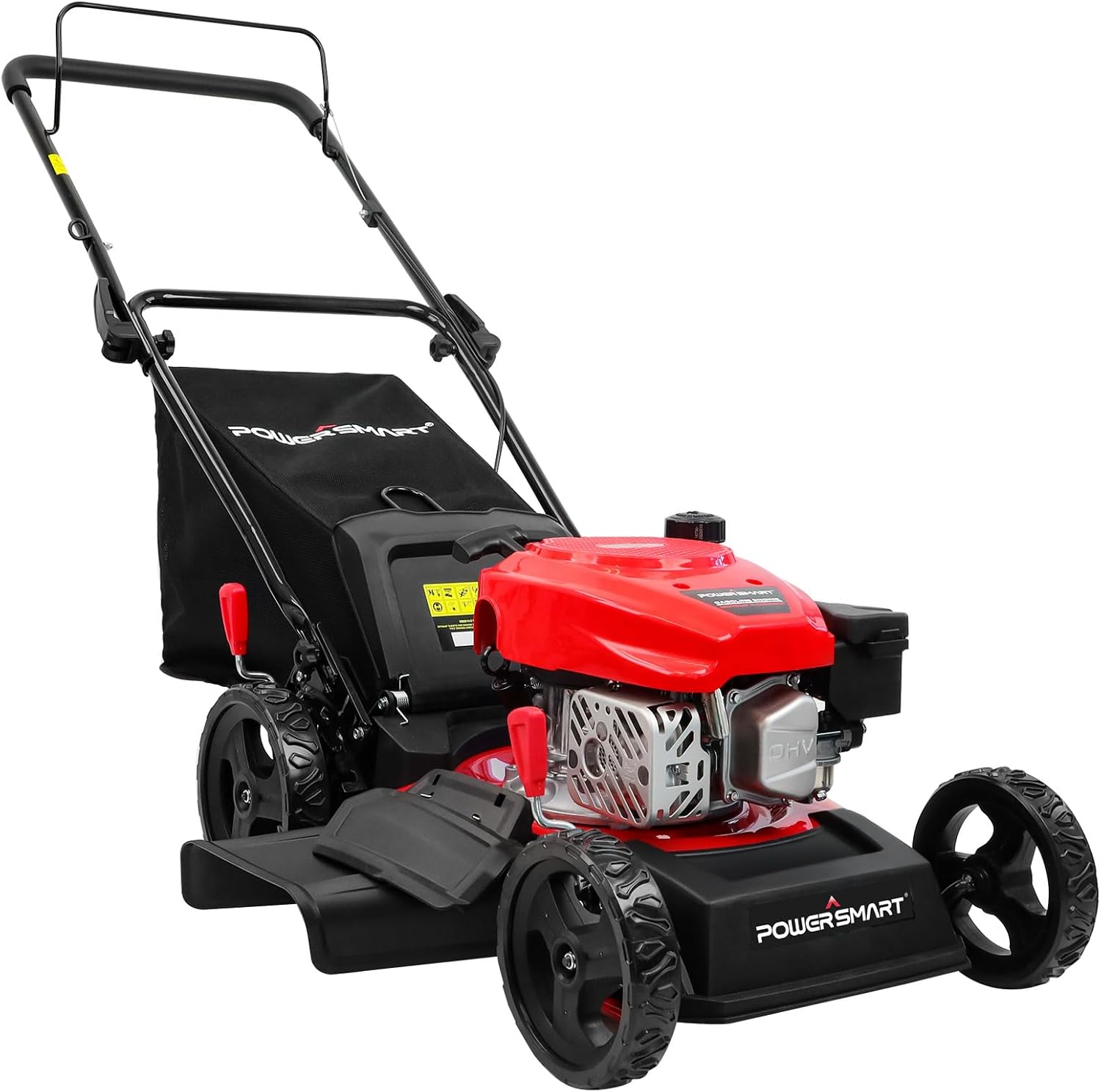 PowerSmart EasyCut 18-Inch 144cc Gas Push Lawn Mower 4-Cycle OHV Engine 3-in-1 Mulching Bagging Side Discharge Steel Deck 6-Position Height Adjustment Red DB8618P
