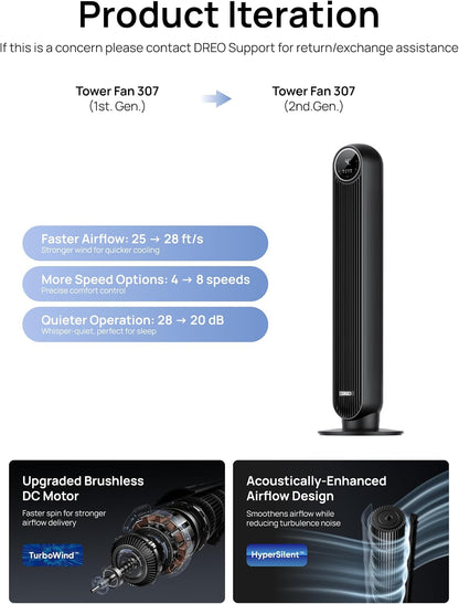 DREO Tower Fan 28ft/s Velocity 20dB Ultra Quiet 8 Speeds 90° Oscillating Bladeless Floor Fan with Remote