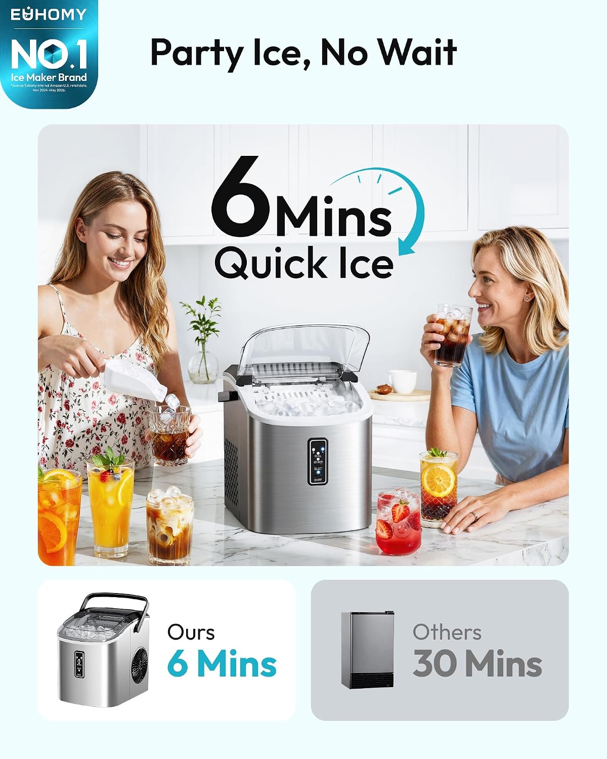 EUHOMY Countertop Ice Maker 26 lbs/Day 9 Cubes in 6 Mins Self-Cleaning Portable with Handle Scoop 2 Sizes