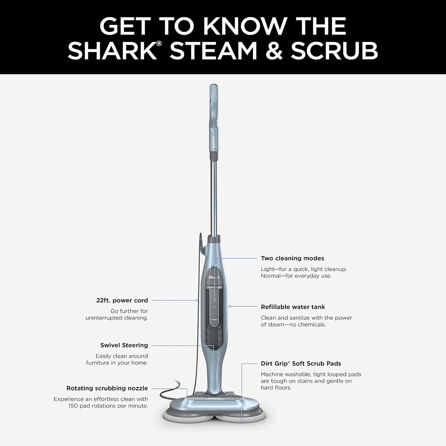 Shark Steam & Scrub All-in-One Scrubbing and Sanitizing Steam Mop 2 Steam Modes 1120W 22 ft Cord 7.7 lb Pure Water Blue S7000AMZ