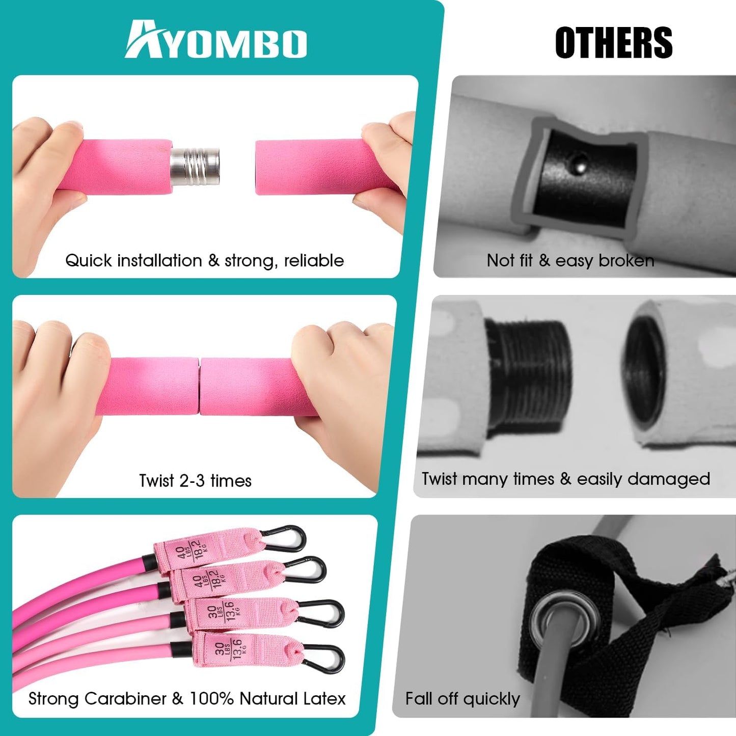 Ayombo Pilates Bar Kit with Resistance Bands Adjustable 3-Section Portable Home Gym Equipment