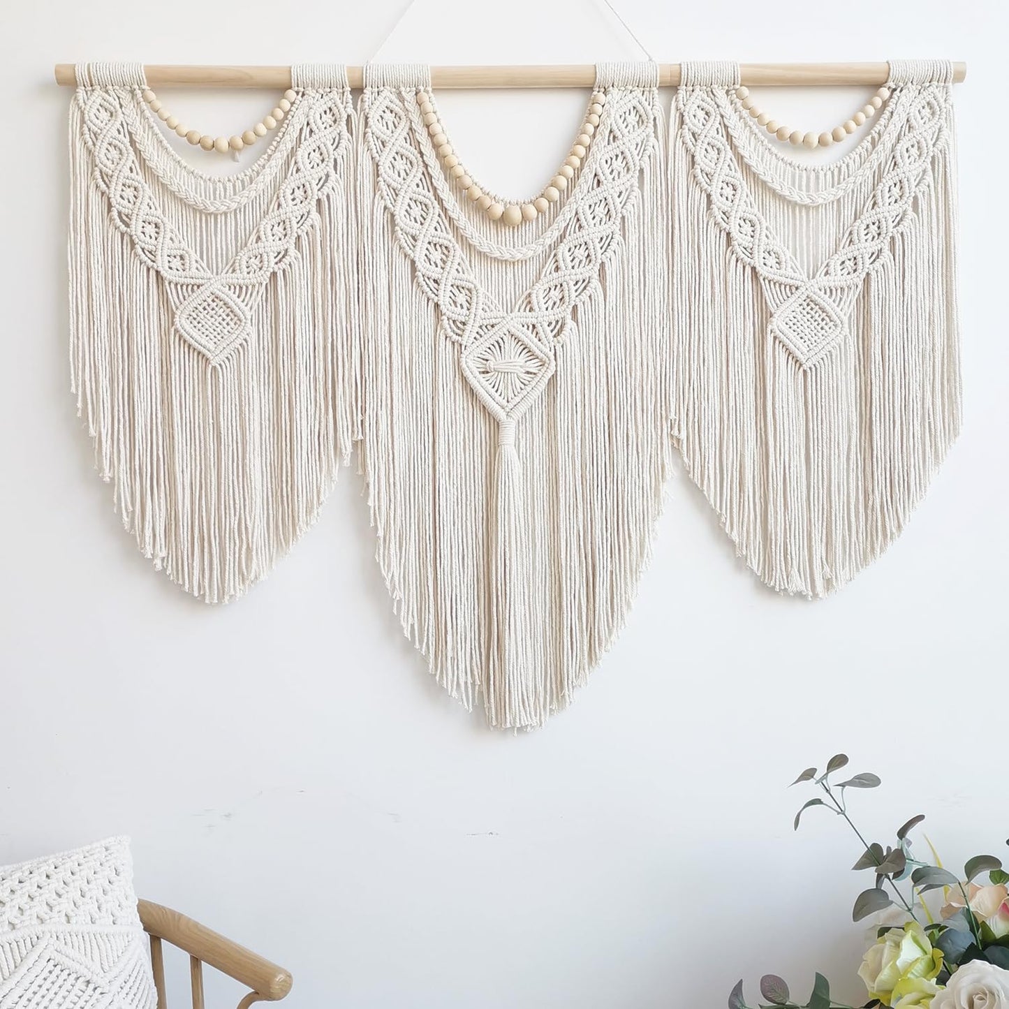 Large Macrame Wall Hanging – 43" x 32", Boho Wood Bead
