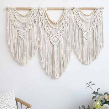 Large Macrame Wall Hanging – 43" x 32", Boho Wood Bead