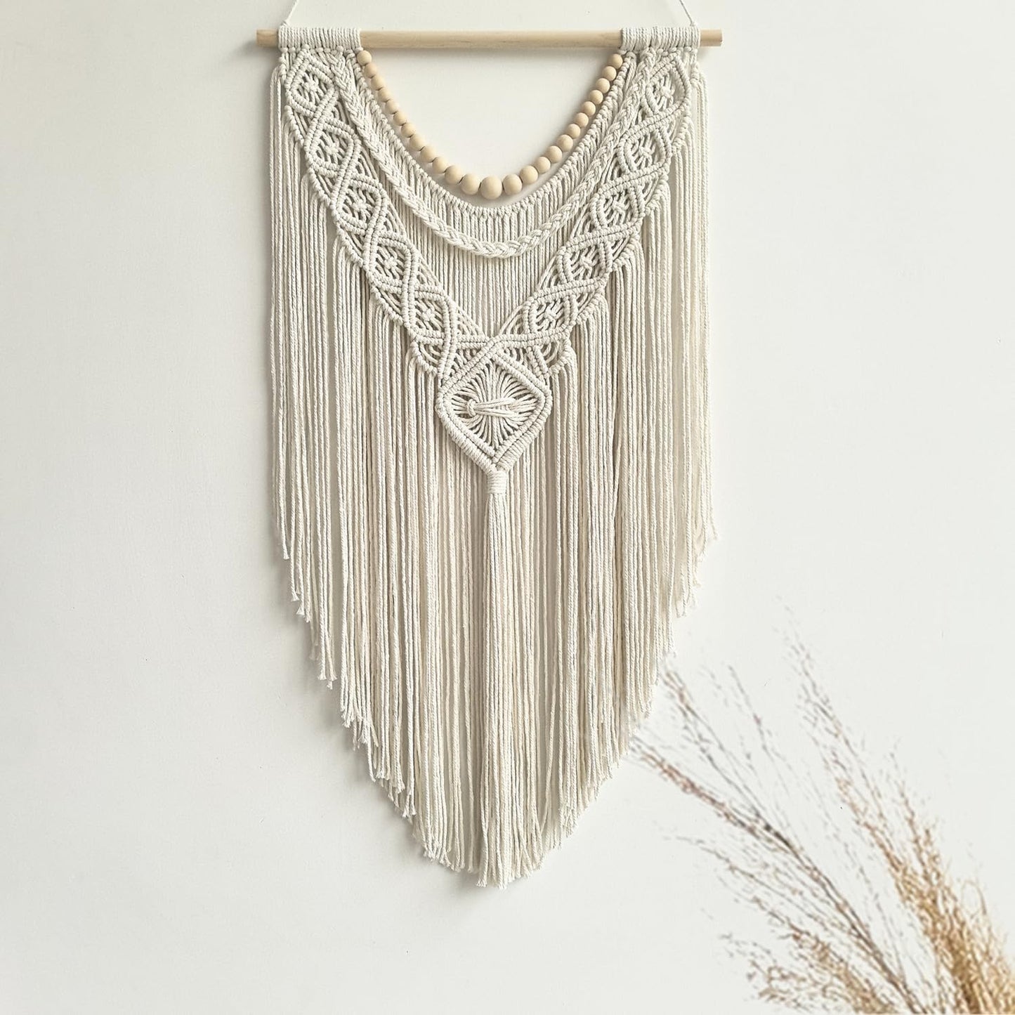 Macrame Wall Hanging – Geometric, 31.5" x 17", Wood Bead