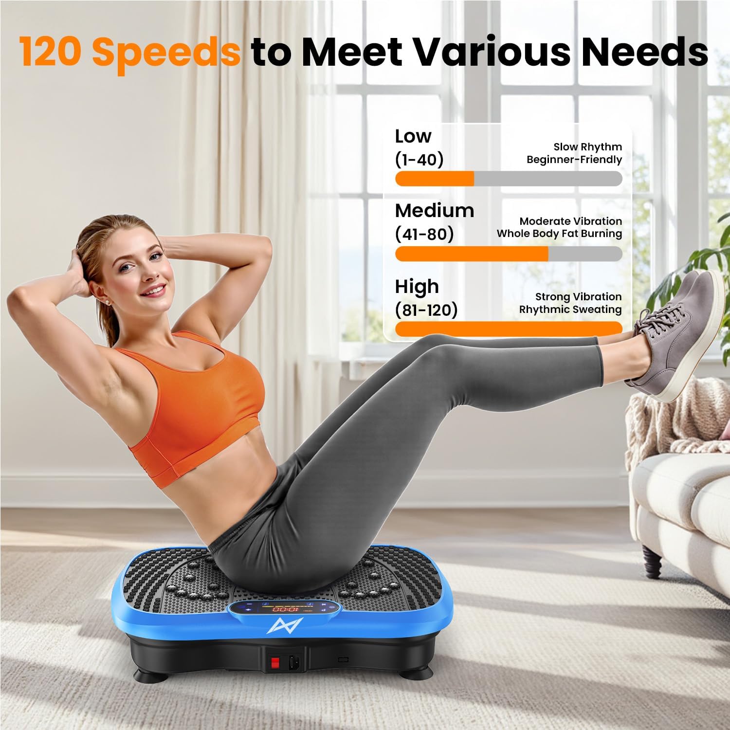 AXV Vibration Plate Exercise Machine 120 Speeds Remote Control Resistance Bands 400 lb Capacity