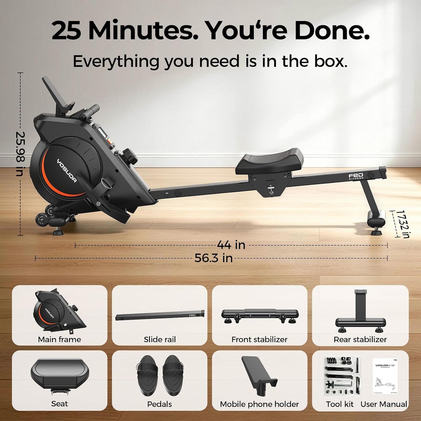 YOSUDA Magnetic Rowing Machine 16-Level Resistance Bluetooth App LCD Monitor 350 lb Capacity