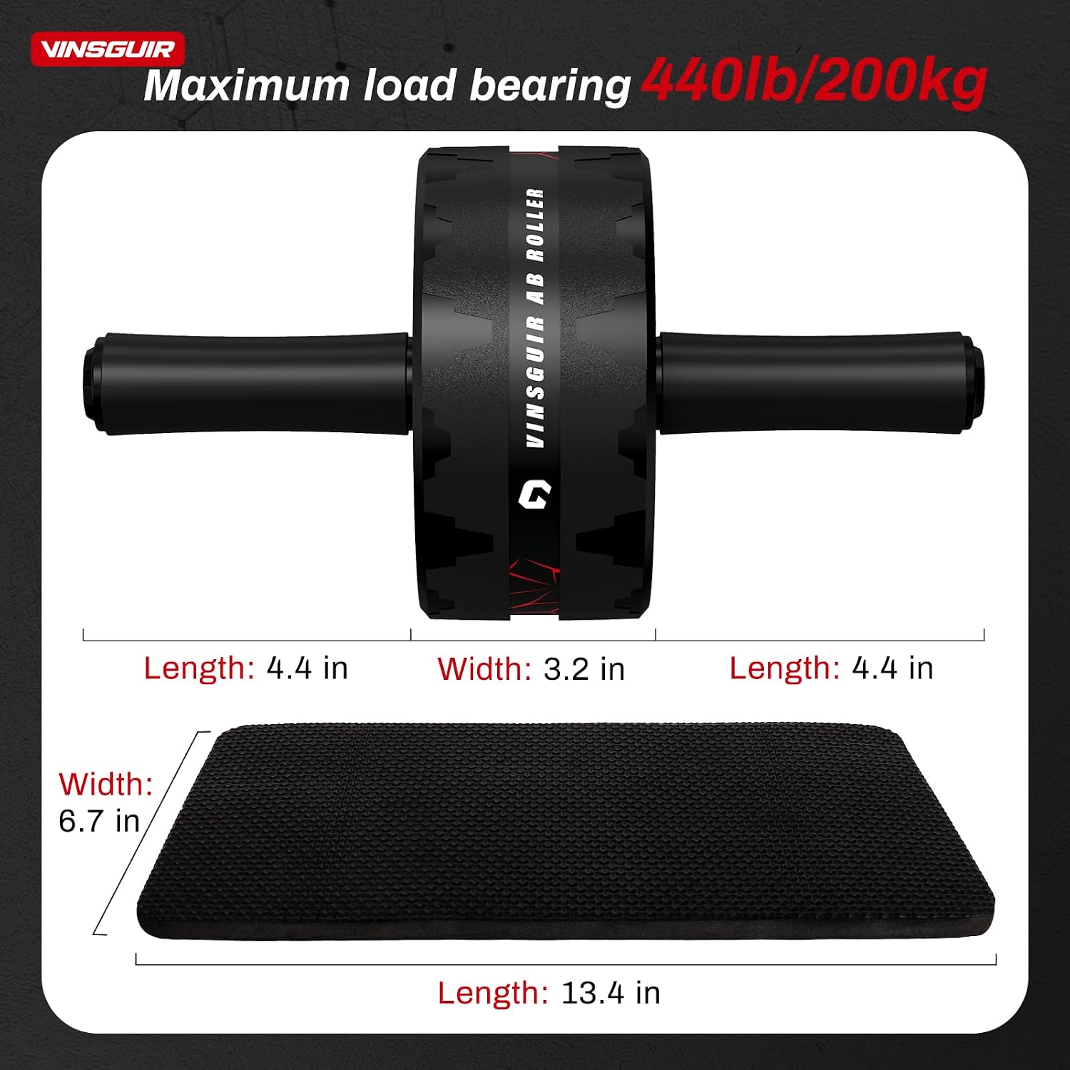 VINSGUIR Ab Roller Wheel Dual-Wide Core Strength Trainer with Knee Pad 440 lb Capacity
