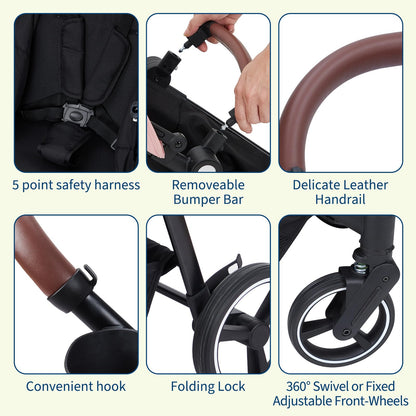 Dark grey tandem double stroller for newborn and toddler, with reversible seats, adjustable canopy, large storage basket, and one-hand fold.