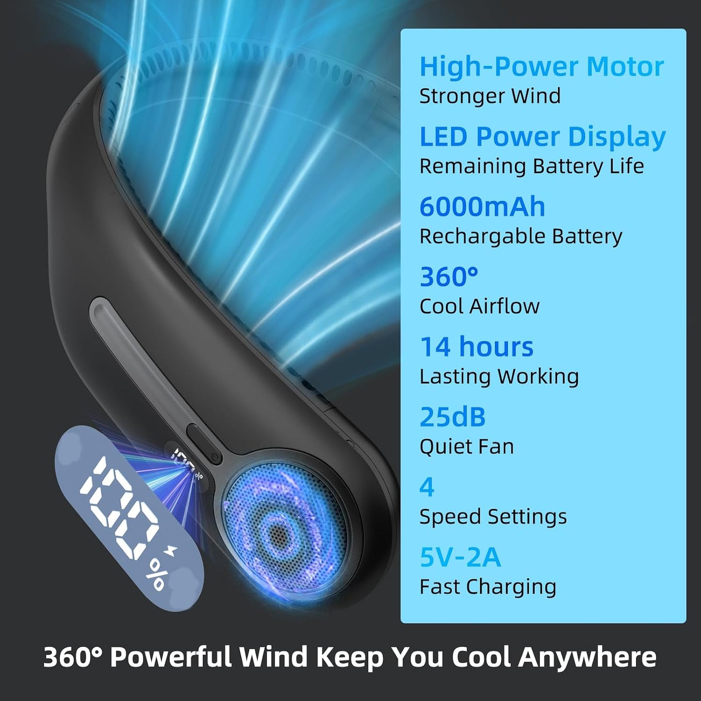 Portable Neck Fan Bladeless Wearable Rechargeable 6000mAh 4-Speed LED Display Black