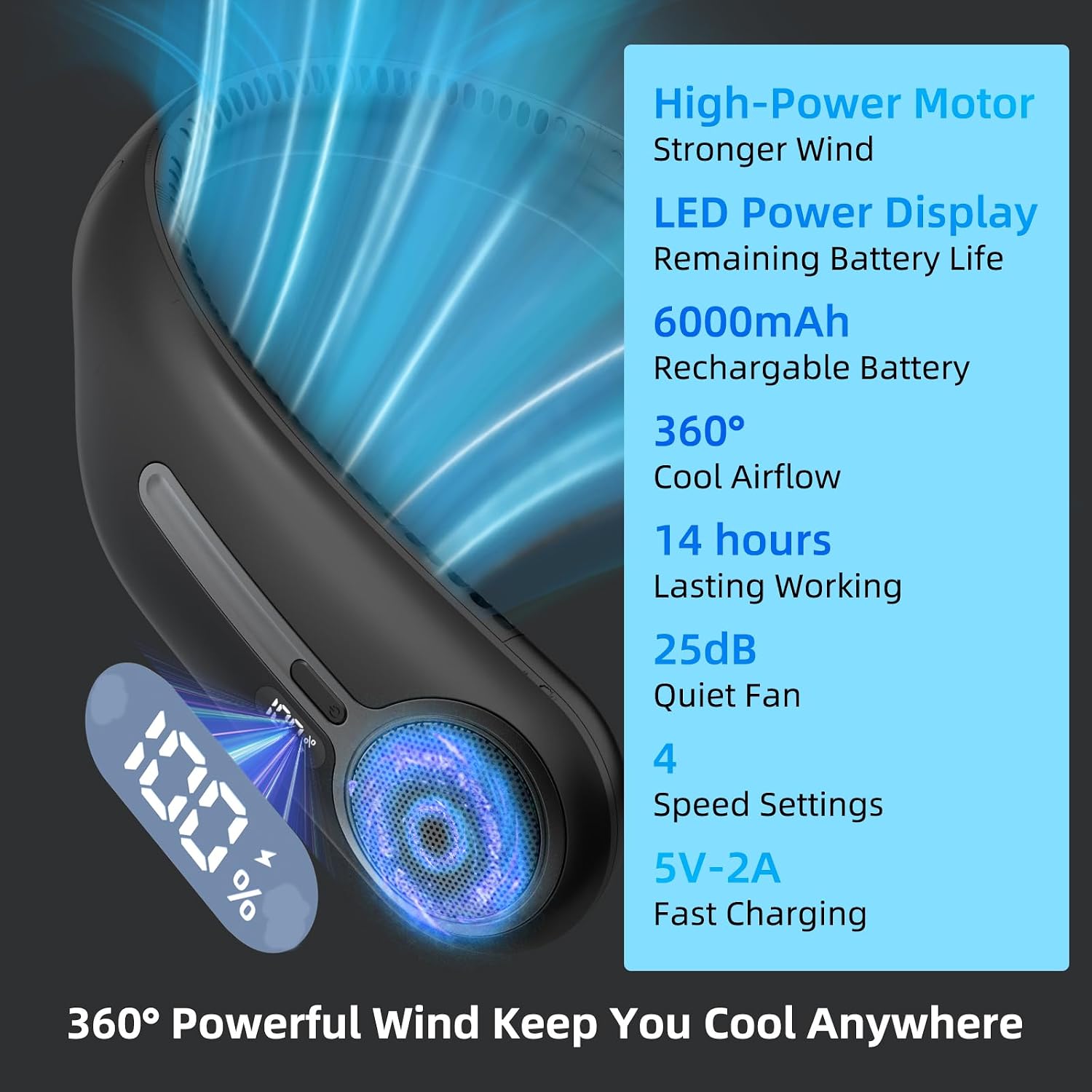 Portable Neck Fan Bladeless Wearable Rechargeable 6000mAh 4-Speed LED Display Black