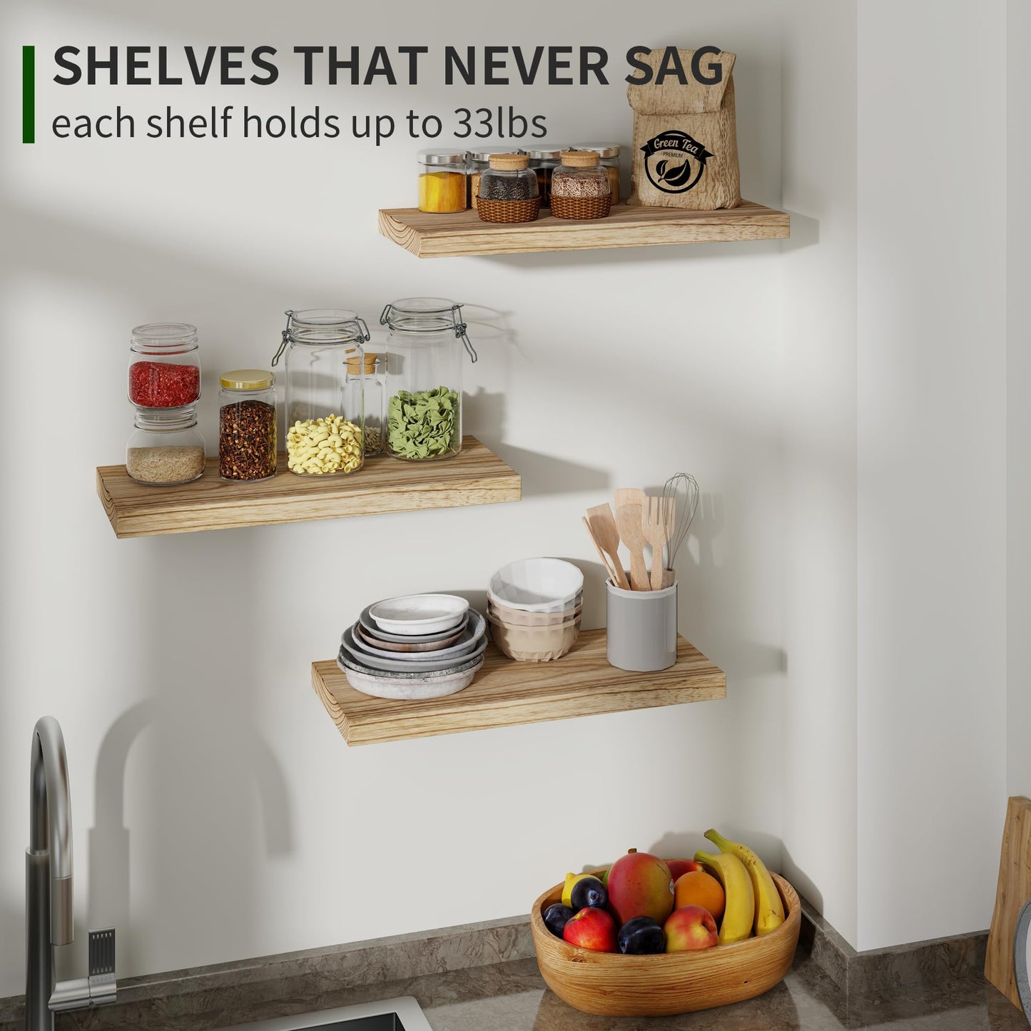 Wood Floating Wall Shelves Set of 3 – 17", Carbonized Black