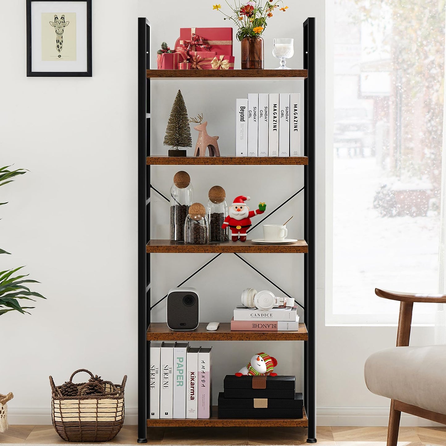 5-Tier Bookshelf – Rustic Brown, Home & Office Storage