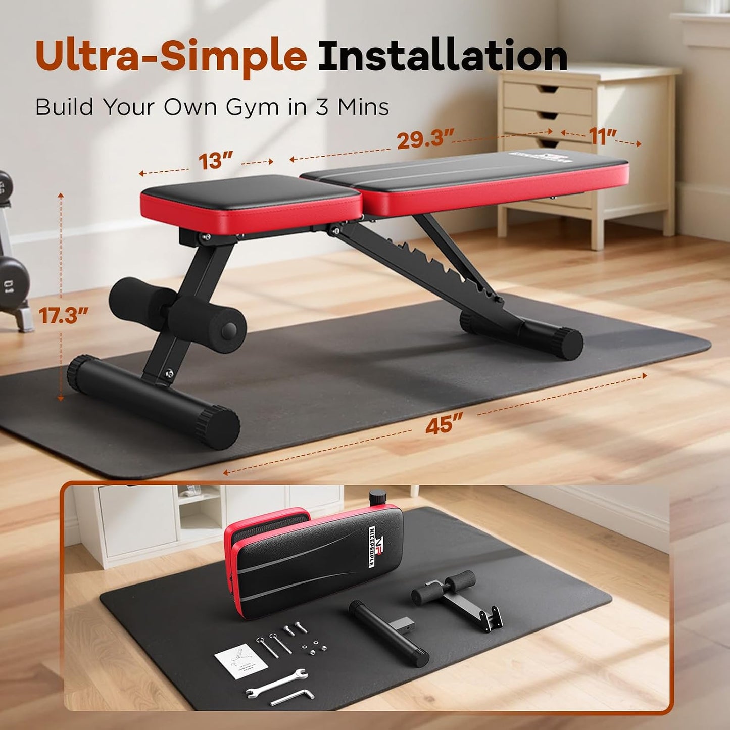NICEPEOPLE Adjustable Weight Bench 660 lb Capacity 8 Backrest Positions Foldable Strength Training for Home Gym