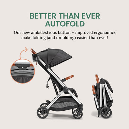 Bombi Bēbee V2 lightweight baby stroller with XXL canopy, vegan leather accents, aluminum frame, and one-hand fold in Hickory color.