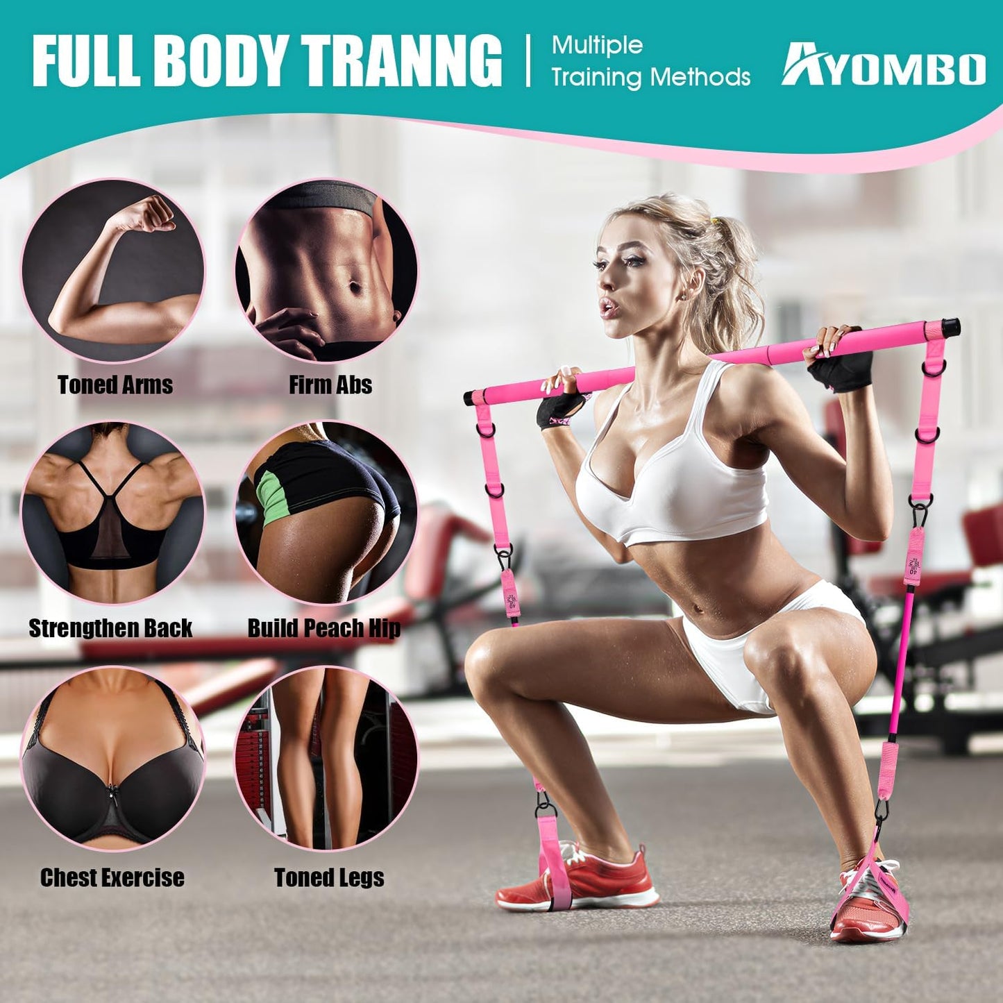 Ayombo Pilates Bar Kit with Resistance Bands Adjustable 3-Section Portable Home Gym Equipment