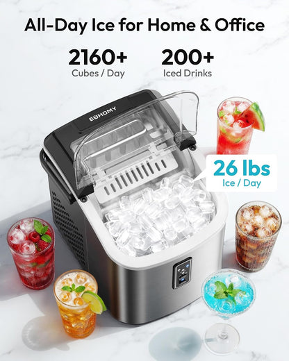 EUHOMY Countertop Ice Maker 26 lbs/Day 9 Cubes in 6 Mins Self-Cleaning Portable with Handle Scoop 2 Sizes