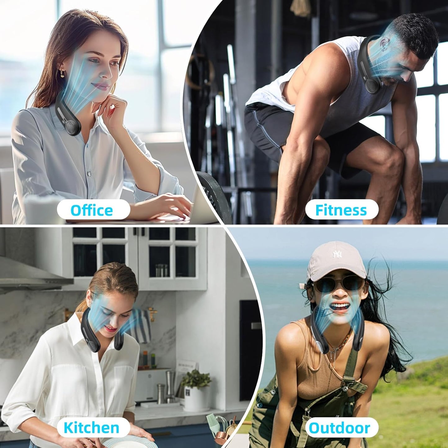 Portable Neck Fan Bladeless Wearable Rechargeable 6000mAh 4-Speed LED Display Black