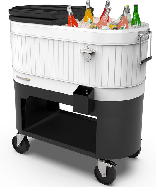 Permasteel Rolling Patio Cooler 120-Quart Outdoor Beverage Ice Chest with Wheels Farmhouse Design