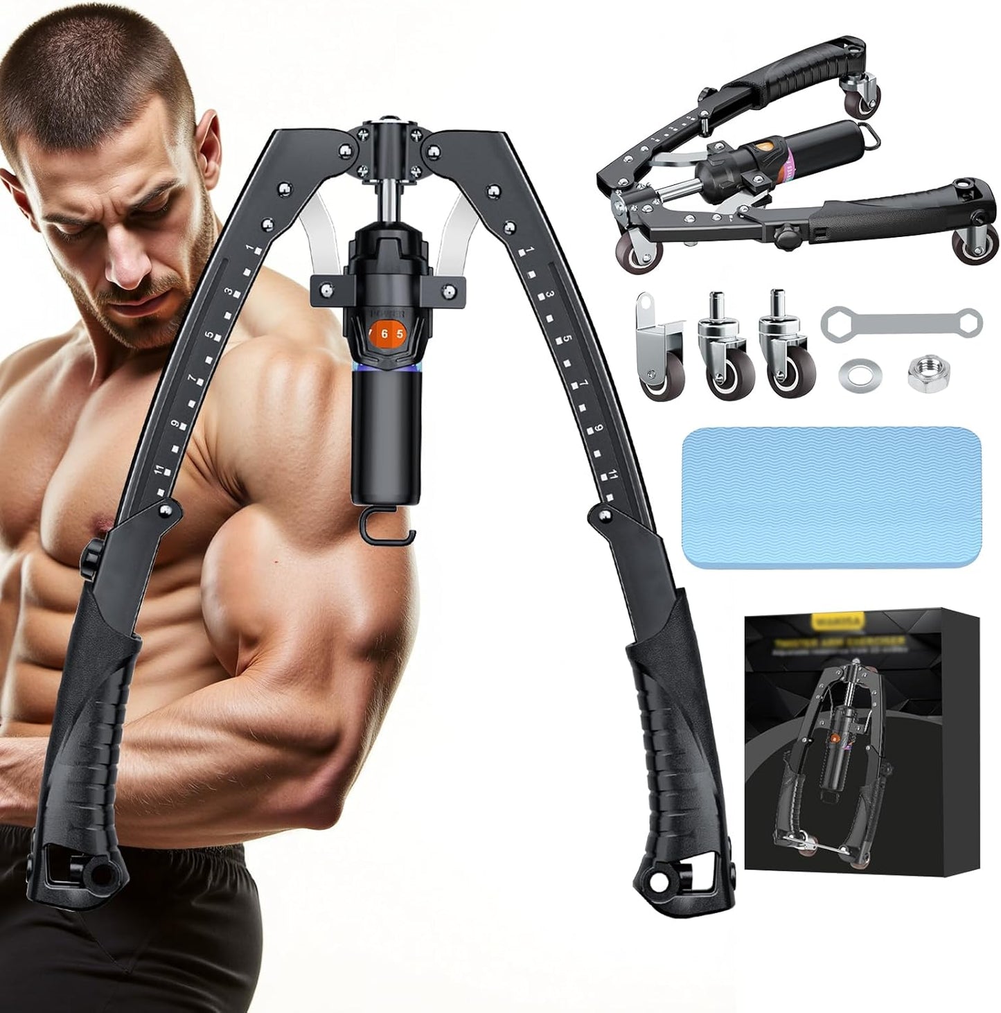 Hydraulic Twister Arm Trainer 22-440 lbs Adjustable 3-in-1 Chest Workout Equipment with Ab Roller