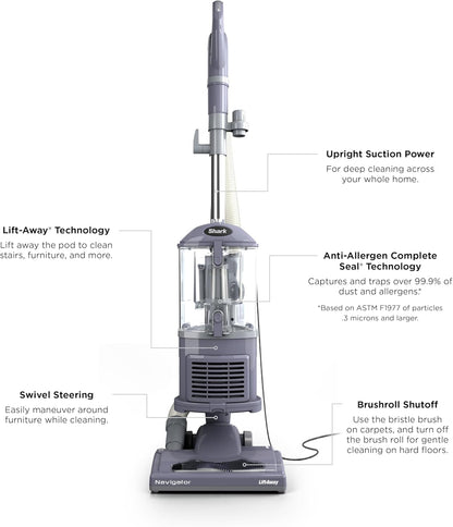 Shark Navigator Lift-Away Upright Vacuum HEPA Pet Hair Swivel Steering 1.1 qt Corded 1200W 12.5 lb Lavender NV352