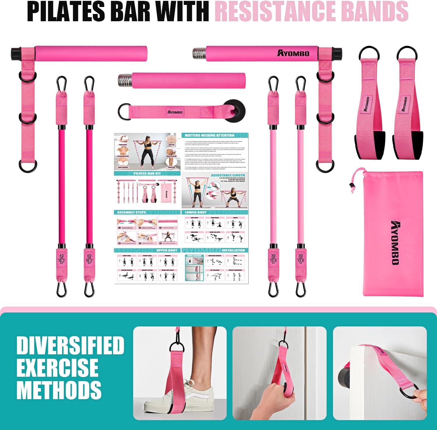 Ayombo Pilates Bar Kit with Resistance Bands Adjustable 3-Section Portable Home Gym Equipment