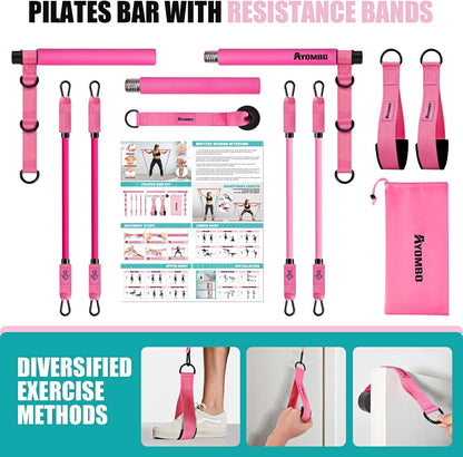 Ayombo Pilates Bar Kit with Resistance Bands Adjustable 3-Section Portable Home Gym Equipment