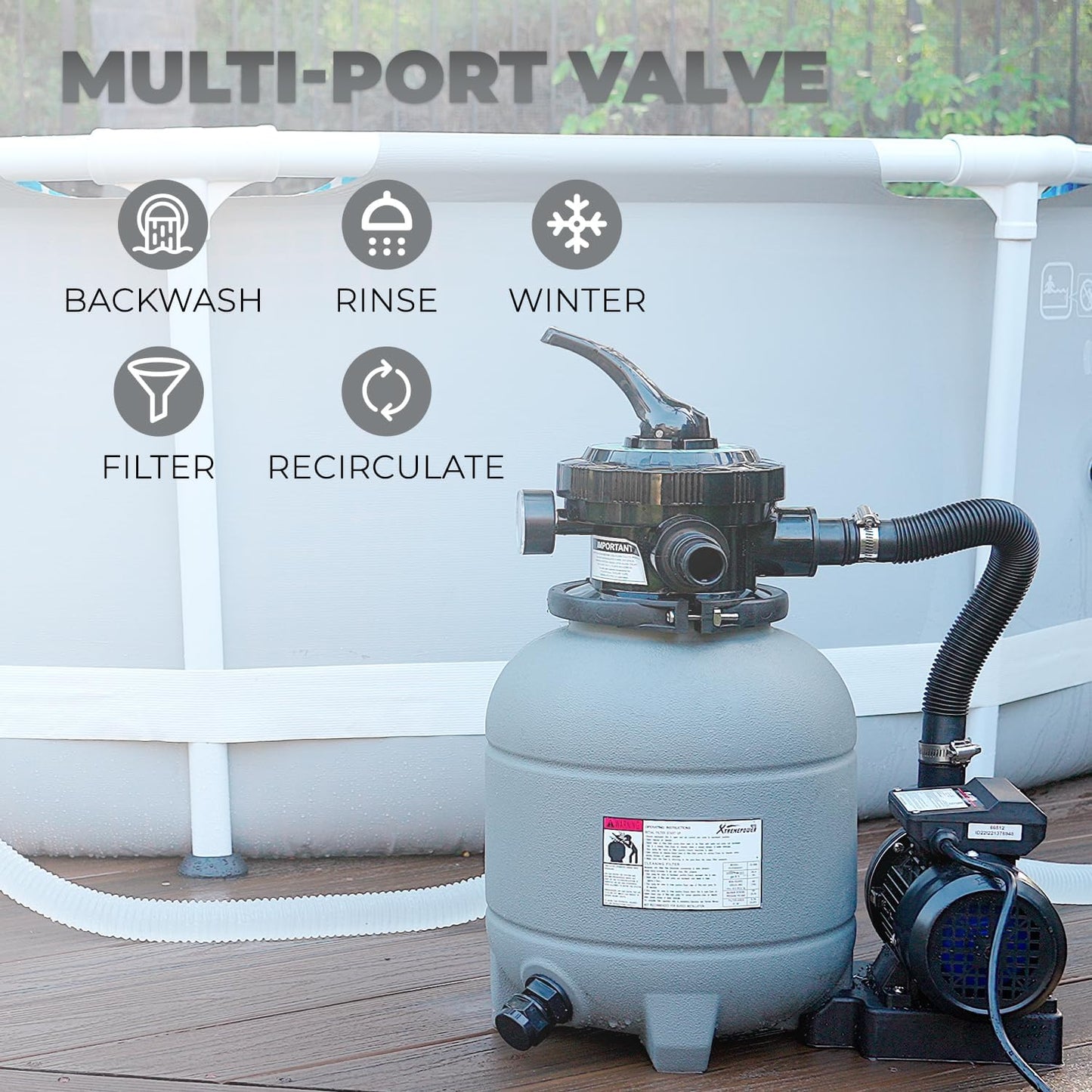 XtremepowerUS 12-Inch Above Ground Pool Sand Filter System 0.25 HP 2400 GPH Pump 7-Way Valve for Pools Up to 10,000 Gallons Black 75030