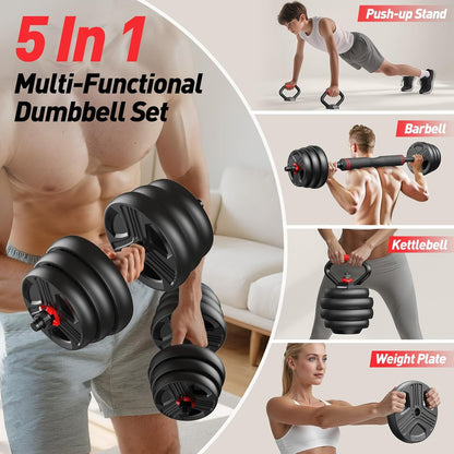 FITPLAM 5-in-1 Adjustable Dumbbell Set Barbell Kettlebell Push-Up Stand Weight Plates Home Gym 45 lb
