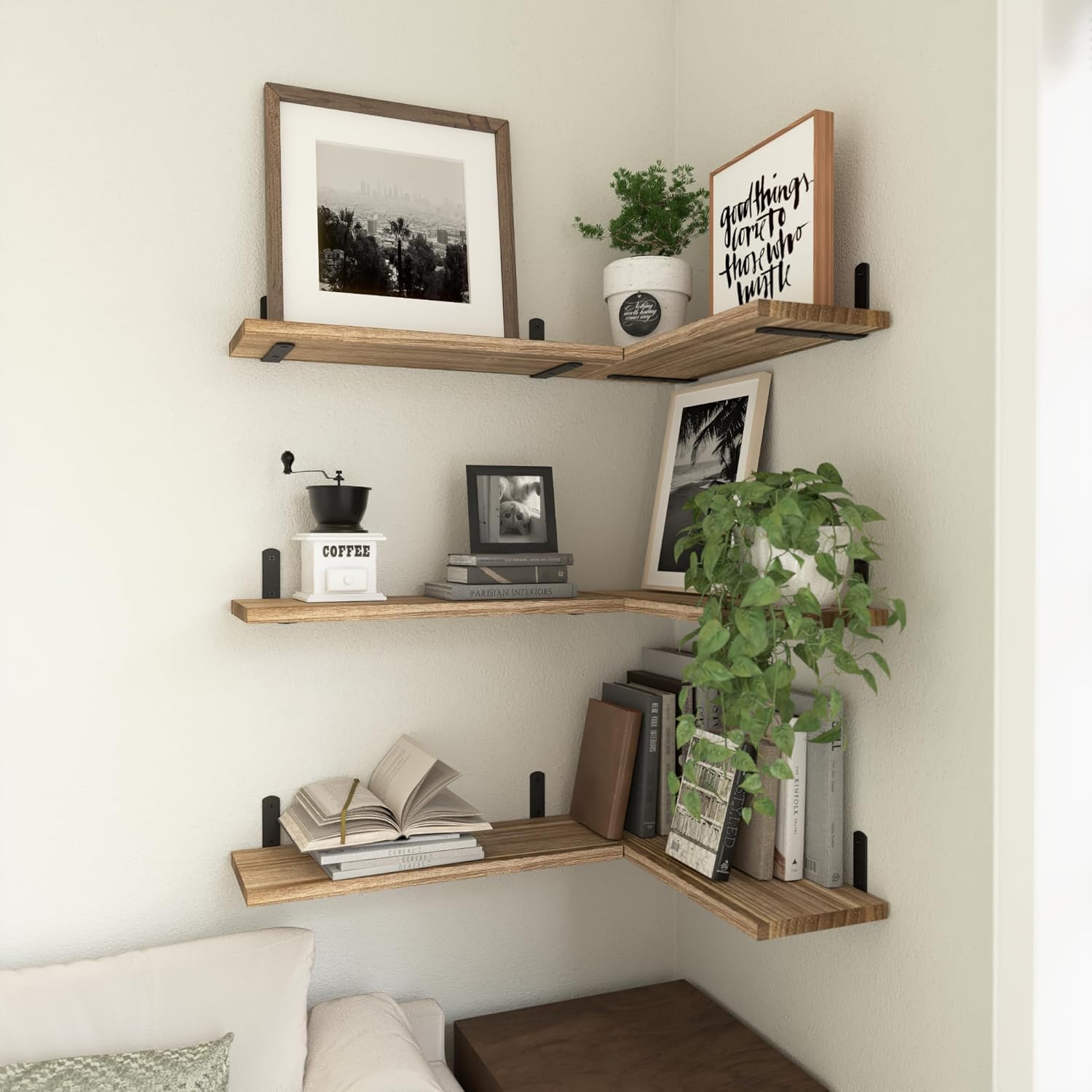 WOPITUES Floating Shelves Set of 6 Wall Mounted Wood Farmhouse Shelf 16.5 Inch Rustic Brown HM011A