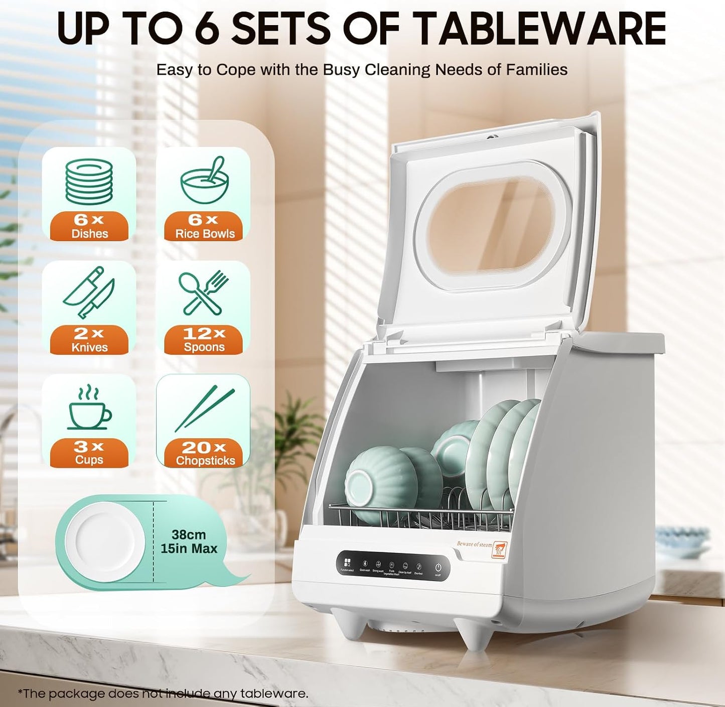 KUMOYOU Mini Portable Countertop Dishwasher 5 Wash Programs 162°F High-Temp 6 Place Settings White QQ#821