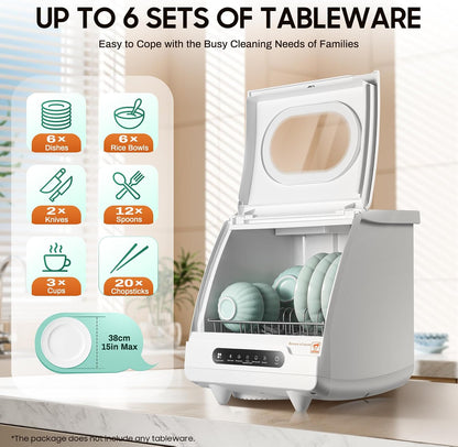 KUMOYOU Mini Portable Countertop Dishwasher 5 Wash Programs 162°F High-Temp 6 Place Settings White QQ#821