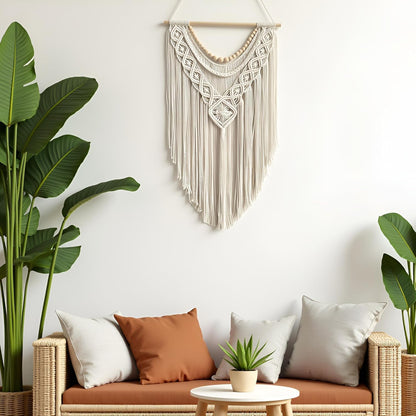 Macrame Wall Hanging – Geometric, 31.5" x 17", Wood Bead