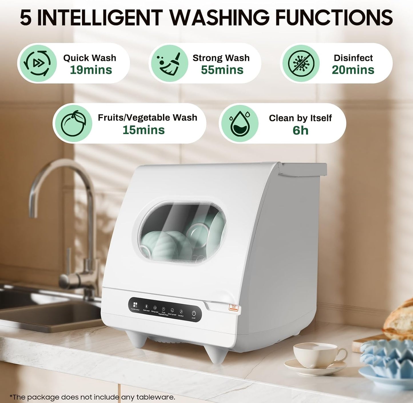 KUMOYOU Mini Portable Countertop Dishwasher 5 Wash Programs 162°F High-Temp 6 Place Settings White QQ#821