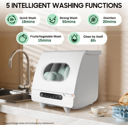KUMOYOU Mini Portable Countertop Dishwasher 5 Wash Programs 162°F High-Temp 6 Place Settings White QQ#821