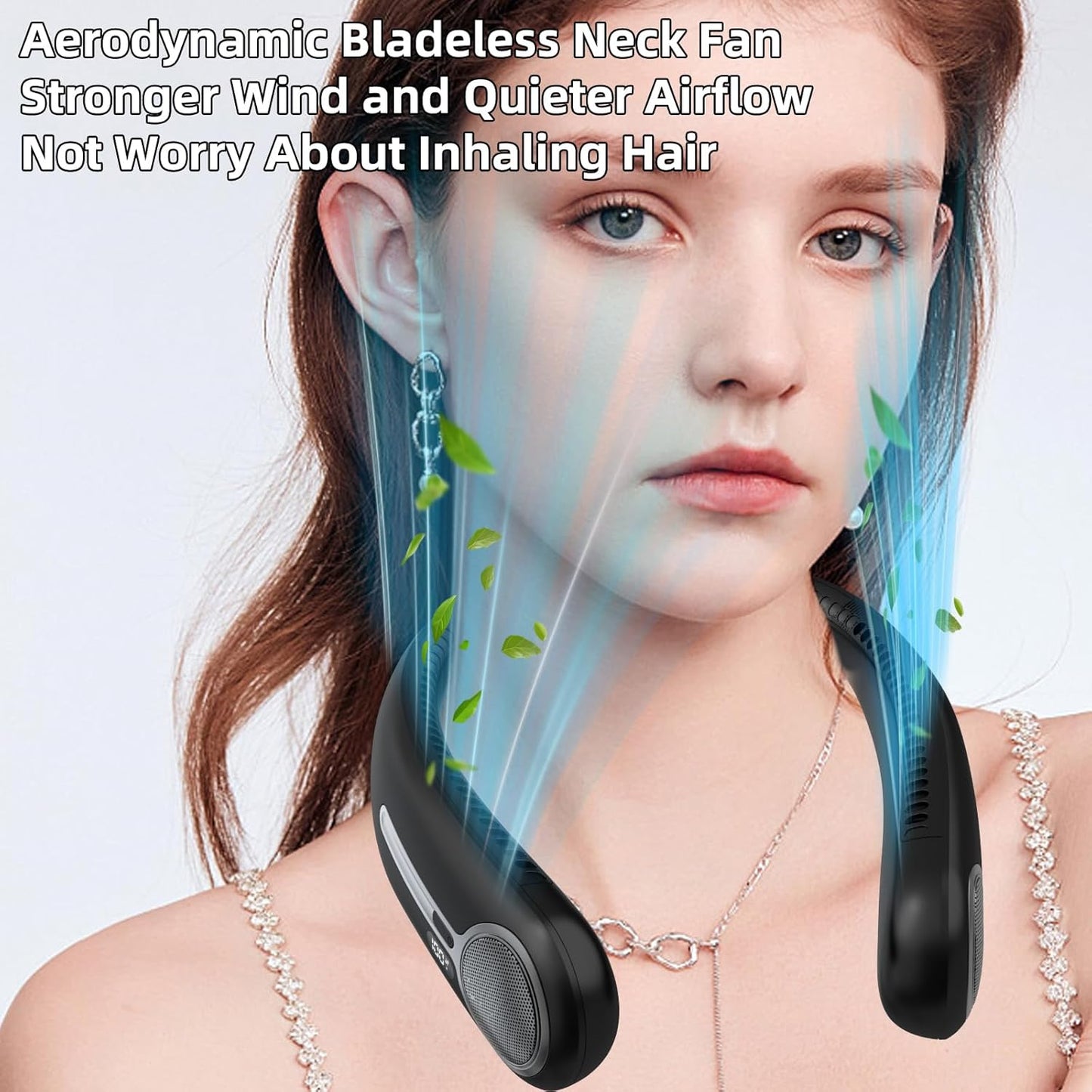 Portable Neck Fan Bladeless Wearable Rechargeable 6000mAh 4-Speed LED Display Black