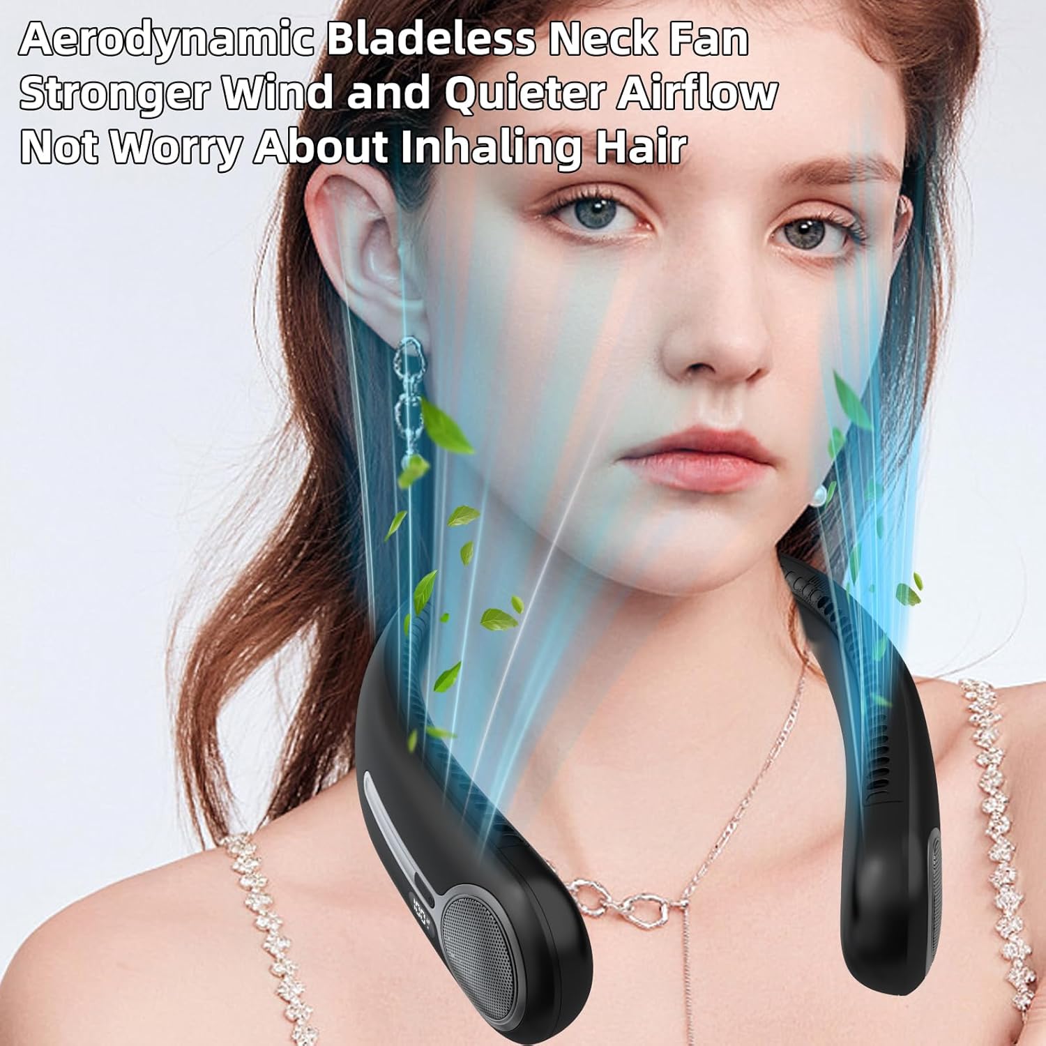 Portable Neck Fan Bladeless Wearable Rechargeable 6000mAh 4-Speed LED Display Black