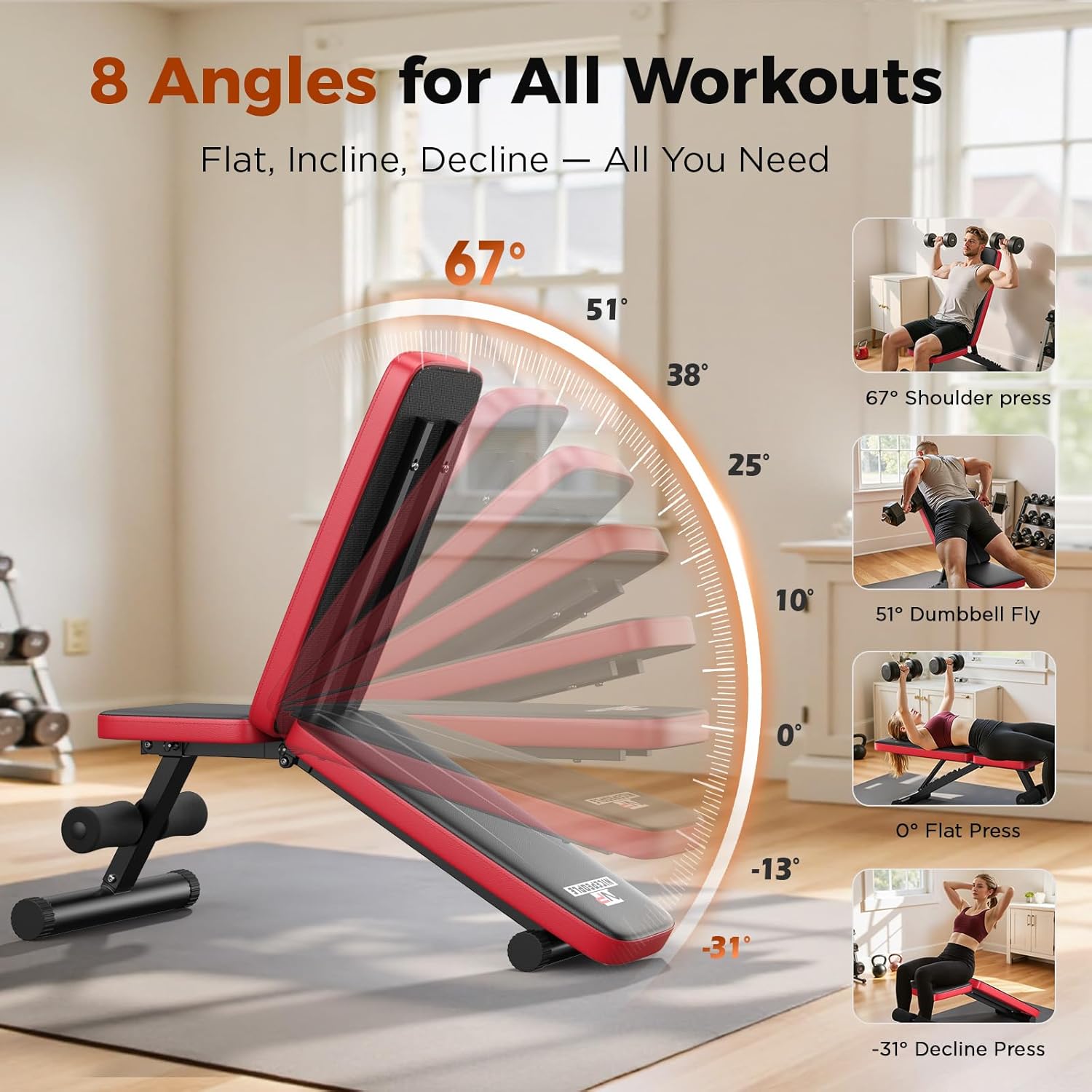 NICEPEOPLE Adjustable Weight Bench 660 lb Capacity 8 Backrest Positions Foldable Strength Training for Home Gym