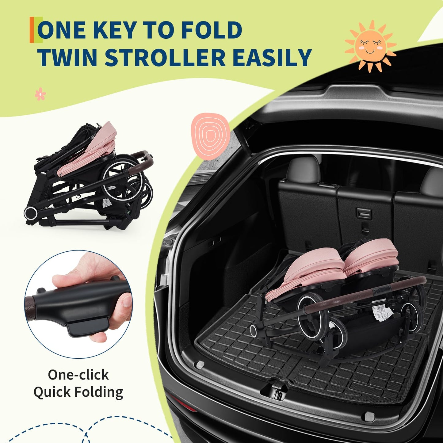 Pink tandem double stroller for newborn and toddler with adjustable recline, canopy, lightweight fold, and parent cup holders.