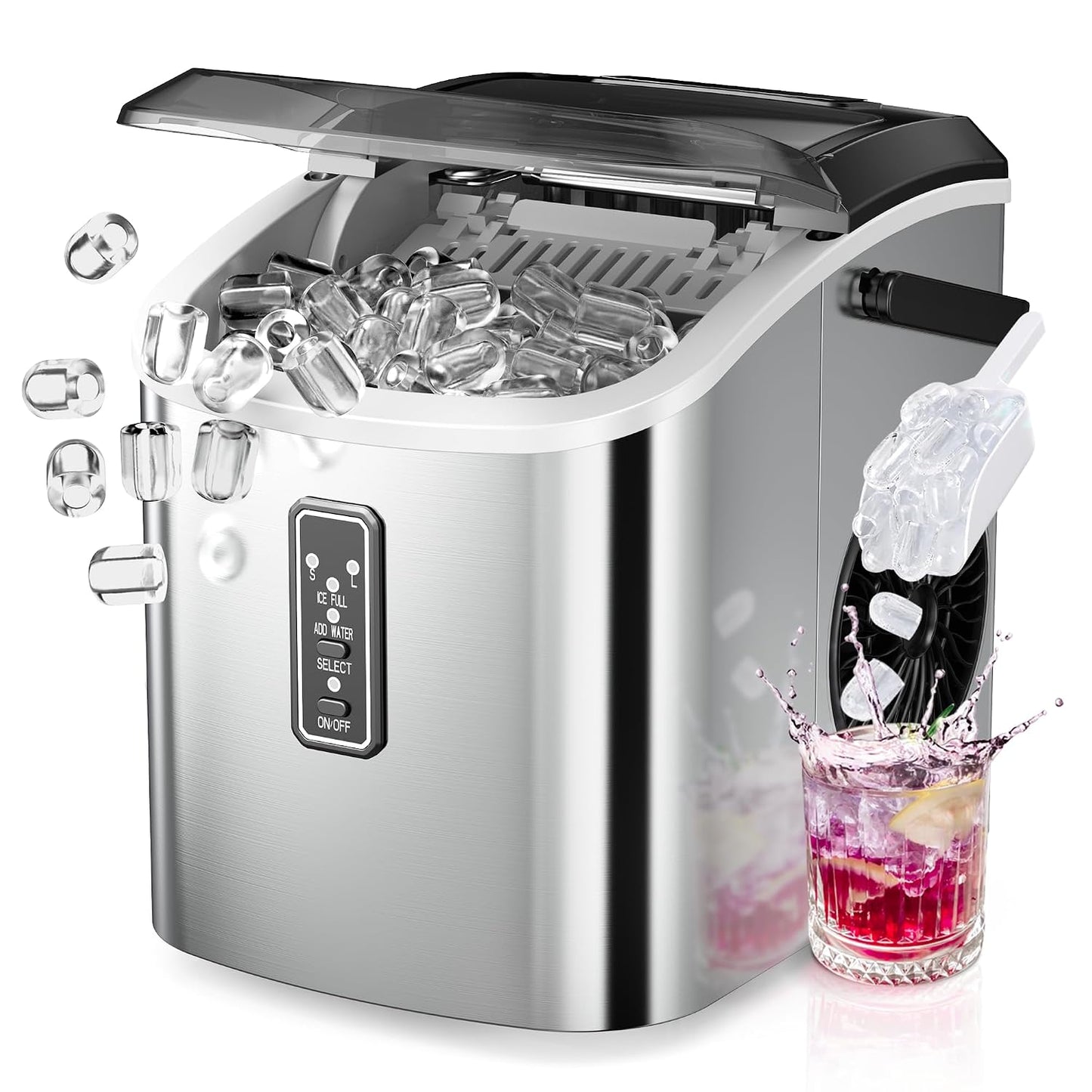 EUHOMY Countertop Ice Maker 26 lbs/Day 9 Cubes in 6 Mins Self-Cleaning Portable with Handle Scoop 2 Sizes