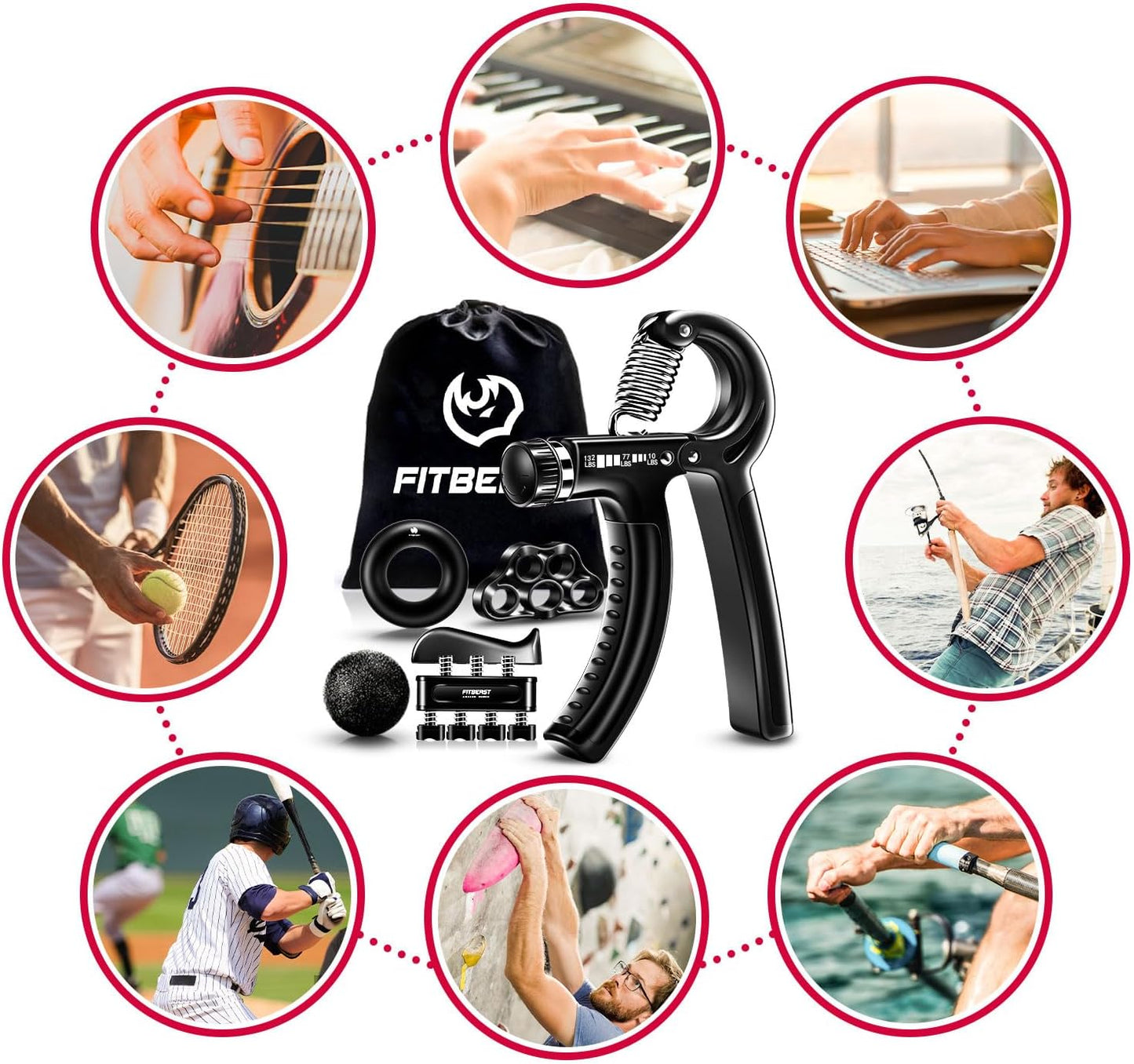 FitBeast Grip Strengthener Forearm Hand Grips Kit 5 Pack Adjustable Resistance 10-132 lbs
