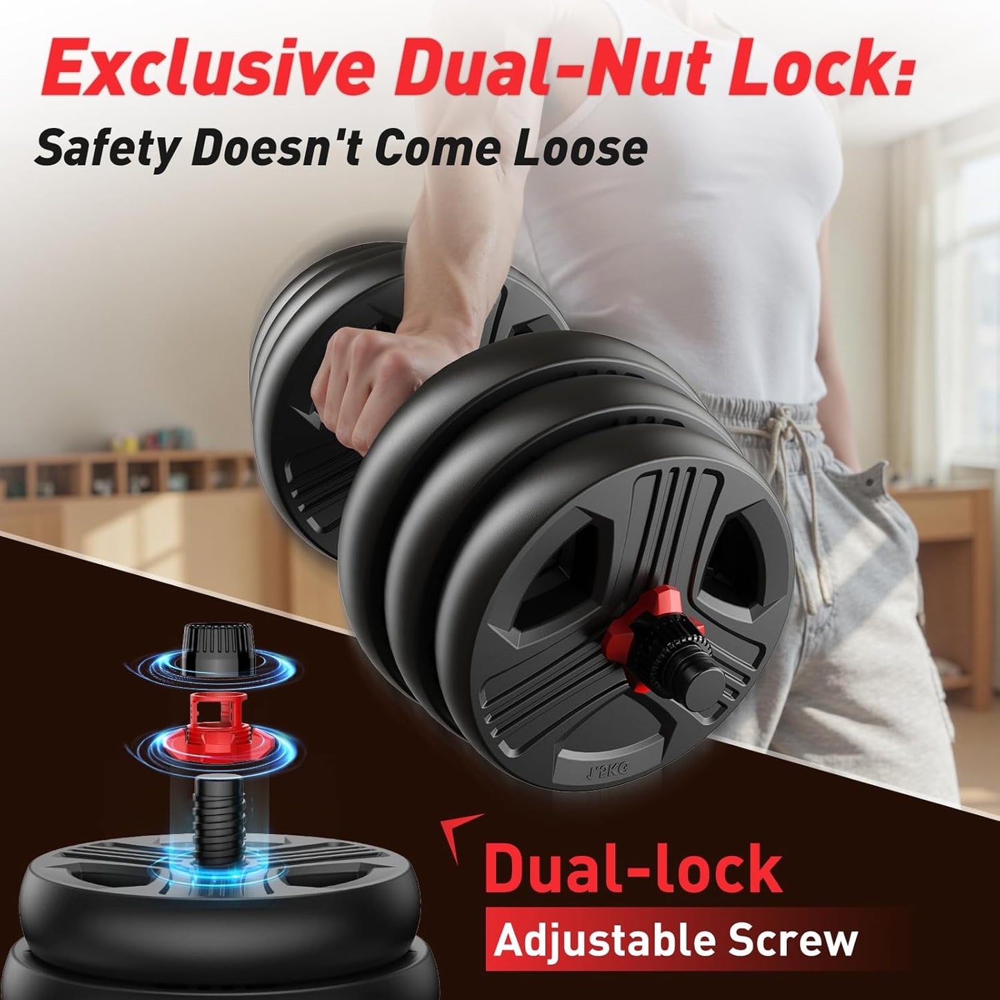 FITPLAM 5-in-1 Adjustable Dumbbell Set Barbell Kettlebell Push-Up Stand Weight Plates Home Gym 45 lb
